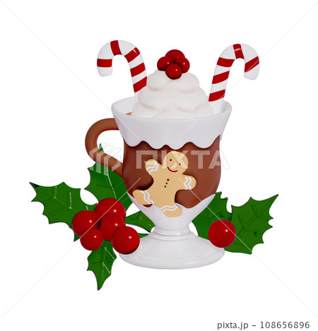Christmas Dessert 3D , Cocoa mug with candy cane and red berries decorated With ginger cookies on Transparent background . 3D Rendering 108656896