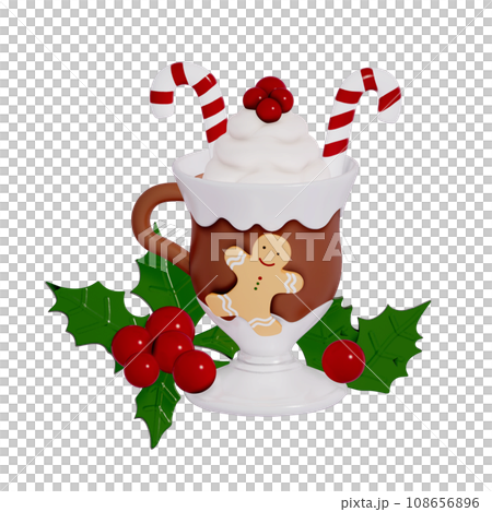 Christmas Dessert 3D , Cocoa mug with candy cane and red berries decorated With ginger cookies on Transparent background . 3D Rendering 108656896