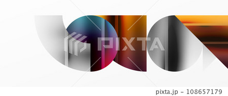 Elegant minimalist background with color metallic circles and triangles, creating harmonious composition of geometric shapes for wallpaper, banner, background, landing page Elegant minimalist background with color metallic circles and triangles, creating harmonious composition of geometric shapes for wallpaper, banner, background, landing page 108657179