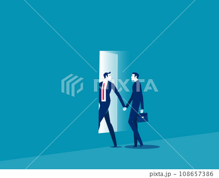 Two person holding hands and walking through rectangular opening in wall. Business vector illustration Two person holding hands and walking through rectangular opening in wall. Business vector illustration 108657386