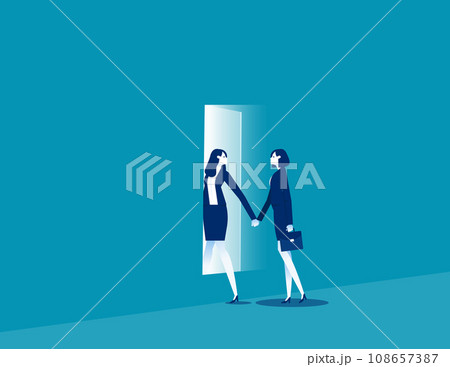 Two person holding hands and walking through rectangular opening in wall. Business vector illustration Two person holding hands and walking through rectangular opening in wall. Business vector illustration 108657387