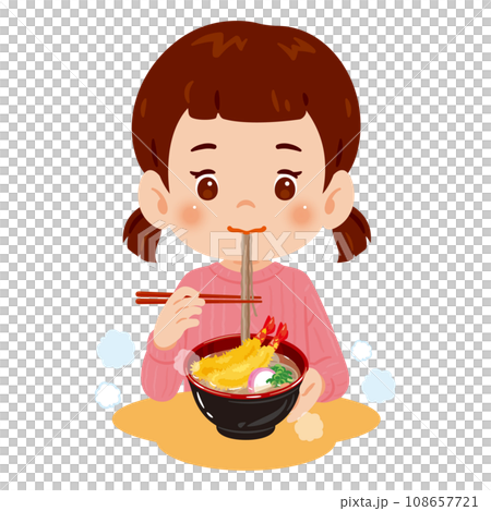 Girl eating shrimp tempura soba Girl eating shrimp tempura soba 108657721