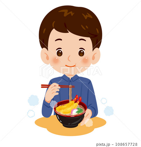 海老天蕎麦を食べる男性 108657728