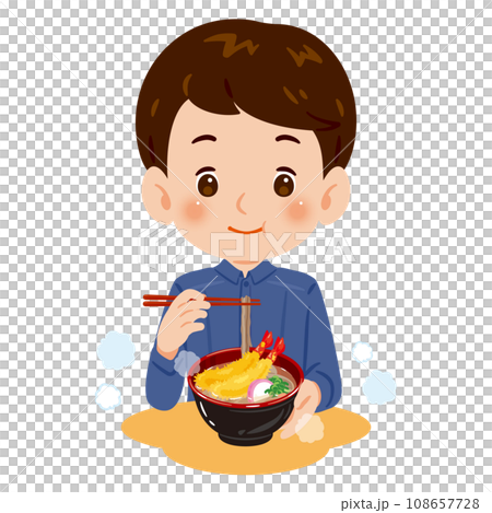 一個男人吃蝦天婦羅蕎麥麵 108657728