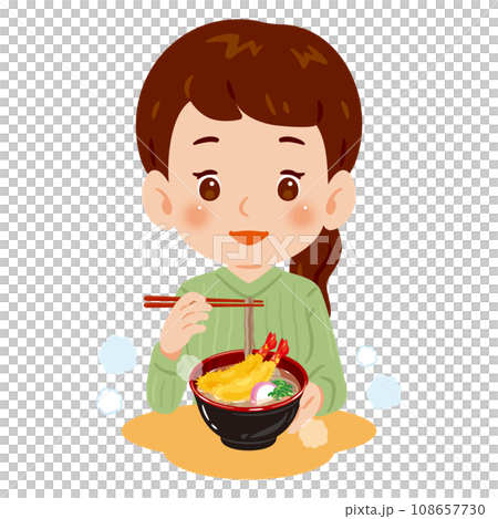 A woman eating shrimp tempura soba 108657730