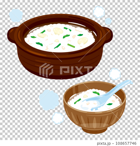 Nanakusa porridge in a clay pot and bowl 108657746