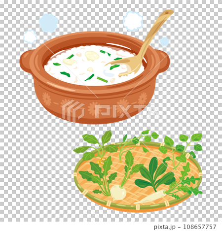 Nanakusa porridge in a clay pot with seven herbs in a colander 108657757