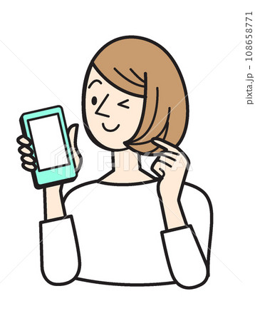 スマホを持って喜ぶ女性　シンプルな人物イラスト 108658771
