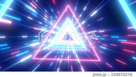 Abstract purple energy futuristic hi-tech tunnel of flying triangles and lines neon magic glowing background Abstract purple energy futuristic hi-tech tunnel of flying triangles and lines neon magic glowing background 108659256