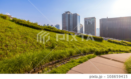 Sunset over the Namsan Park walkway with modern skyscrapers in Seoul, South Korea Sunset over the Namsan Park walkway with modern skyscrapers in Seoul, South Korea 108659415