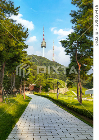 The N-Seoul Tower stands majestically beautiful when viewed from Namsan Park in the evening before sunset The N-Seoul Tower stands majestically beautiful when viewed from Namsan Park in the evening before sunset 108659426