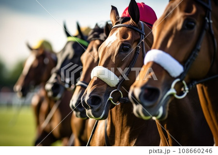 Horse riders compete on horse races for winner place of fastest rider at racetrack with spectators Horse riders compete on horse races for winner place of fastest rider at racetrack with spectators 108660246