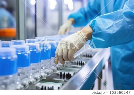 Laboratory assistant at pharmaceutical factory pack medicaments in bottles in special rack Laboratory assistant at pharmaceutical factory pack medicaments in bottles in special rack 108660247