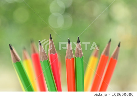 group of colourful sharp pencil on blur green nature background with bokeh 108660680