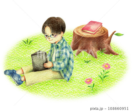 野原で読書するメガネの男の子 手描き色鉛筆画 野原で読書するメガネの男の子 手描き色鉛筆画 108660951