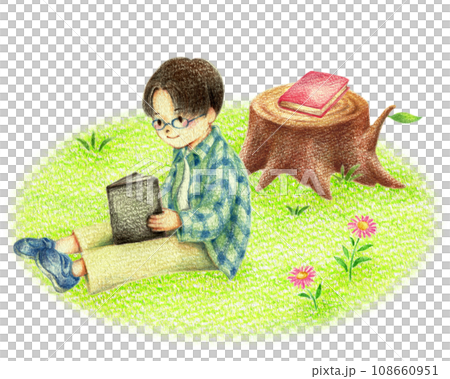 野原で読書するメガネの男の子 手描き色鉛筆画 野原で読書するメガネの男の子 手描き色鉛筆画 108660951