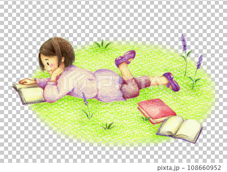 Girl lying down reading in the field, hand-drawn colored pencil drawing 108660952