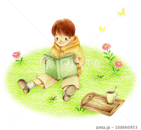 野原で読書する足を広げて座る男の子　手描き色鉛筆画 108660953
