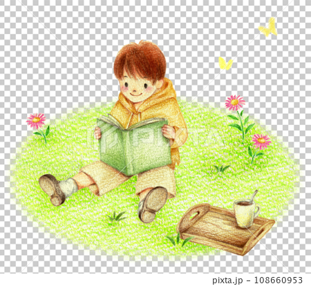 野原で読書する足を広げて座る男の子　手描き色鉛筆画 108660953