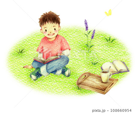 野原で読書する足を組んだ男の子　手描き色鉛筆画 108660954