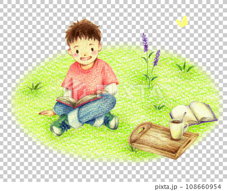 野原で読書する足を組んだ男の子　手描き色鉛筆画 108660954