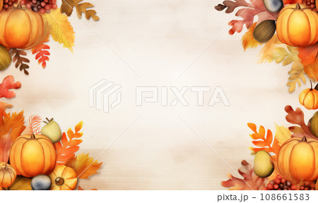 AI-generated content. Watercolor banner of leaves and vegetables on beige background. 108661583