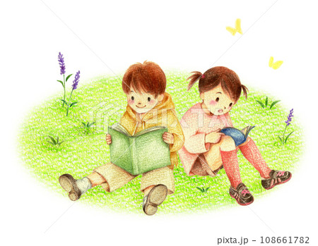 野原で読書する男の子と女の子 手描き色鉛筆画 野原で読書する男の子と女の子 手描き色鉛筆画 108661782