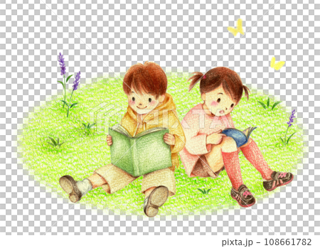 野原で読書する男の子と女の子 手描き色鉛筆画 野原で読書する男の子と女の子 手描き色鉛筆画 108661782