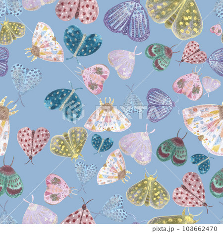 Hand painted watercolor delicate moth pattern on blue background 108662470