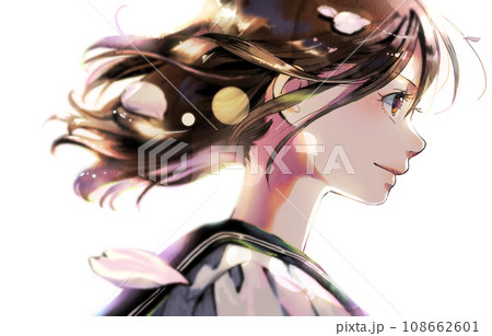 横顔の女学生イラストの右向き、カラー、背景なし、髪に桜、逆光版 横顔の女学生イラストの右向き、カラー、背景なし、髪に桜、逆光版 108662601