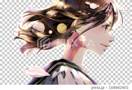 横顔の女学生イラストの右向き、カラー、背景なし、髪に桜、逆光版 横顔の女学生イラストの右向き、カラー、背景なし、髪に桜、逆光版 108662601