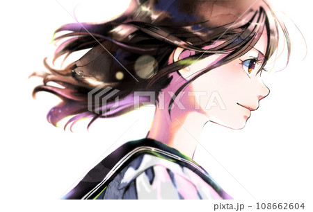 横顔の女学生イラストの右向き、カラー、背景なし、無季版 108662604