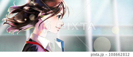 横顔の社会人女性イラスト右向き、背景オフィス街、無季、書類とストラップあり、右スペースあり 108662812