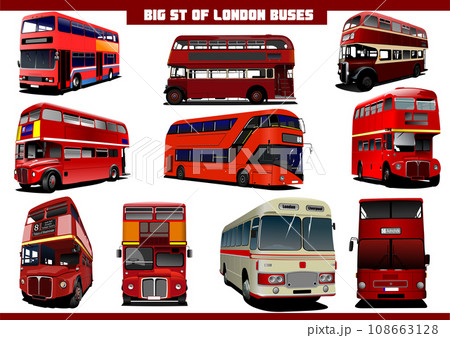 Big set of London double Decker sightseeing red bus. Vector 3d illustration Big set of London double Decker sightseeing red bus. Vector 3d illustration 108663128