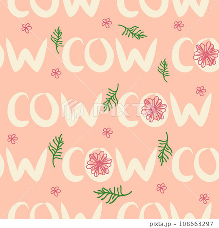 Dancing cow in the meadow cute seamless pattern, splashes of milk and the inscription Milk, Cow, Love. Flat Dancing cow in the meadow cute seamless pattern, splashes of milk and the inscription Milk, Cow, Love. Flat 108663297