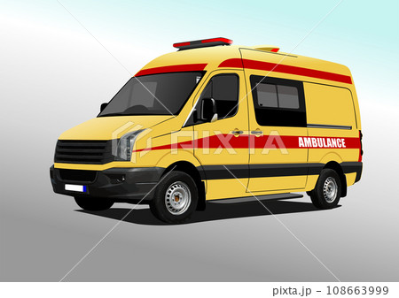 Modern ambulance van on city panorama. Vector Colored 3d illustration 108663999