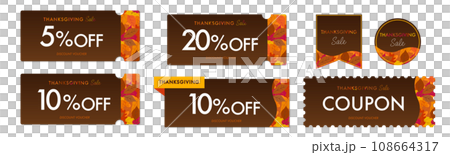 Thanksgivingセールに使える茶色と紅葉のクーポンベクターアイコンデザインセット1 108664317