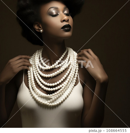 a woman holding a pearl necklace 108664555