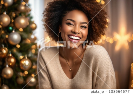 Medium shot portrait optimistic happy African American beautiful girl laughing, looking at camera, posing on Christmas tree background at home, blogger shooting vlog. AI Medium shot portrait optimistic happy African American beautiful girl laughing, looking at camera, posing on Christmas tree background at home, blogger shooting vlog. AI 108664677