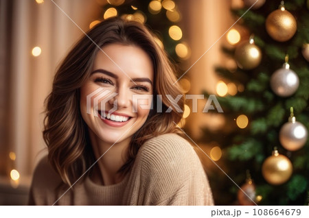 Close up portrait of overjoyed young Caucasian woman have fun laugh and joke enjoying Christmas winter holidays at home. Excited millennial female feel playful positive and joyful, celebrate New Close up portrait of overjoyed young Caucasian woman have fun laugh and joke enjoying Christmas winter holidays at home. Excited millennial female feel playful positive and joyful, celebrate New 108664679