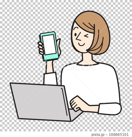 Simple person illustration: A woman who uses a smartphone and a computer separately 108665101