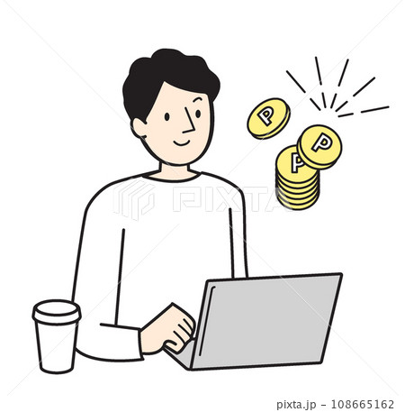 シンプルな人物イラスト パソコンでポイントを貯める男性 シンプルな人物イラスト パソコンでポイントを貯める男性 108665162
