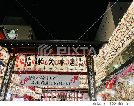 酉の市起源発祥の鷲神社_酉の市_一の酉の午前零時に始まった未明の夜空に映える鷲神社 108665359
