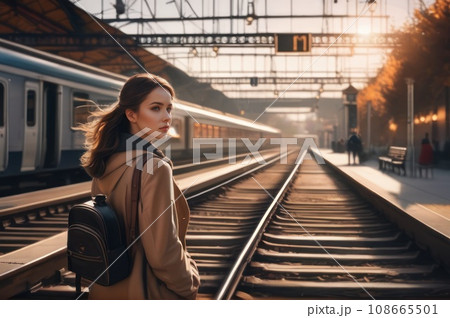 optimistic beautiful girl on railway station perron at autumn midmorning. Travelling and vacations concept.. AI optimistic beautiful girl on railway station perron at autumn midmorning. Travelling and vacations concept.. AI 108665501