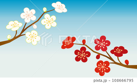 レトロな雰囲気の紅梅と白梅のイラスト　アスペクト比16：9バージョン 108666795