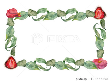 Watercolor hand drawn traditional Japanese sweets. Frame with winter wagashi and camellia. Isolated on white background. Design for invitations, restaurant menu, greeting cards, print, textile Watercolor hand drawn traditional Japanese sweets. Frame with winter wagashi and camellia. Isolated on white background. Design for invitations, restaurant menu, greeting cards, print, textile 108666898