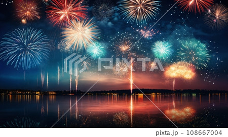 fireworks over night city sky, holiday background, bright colorful lights 108667004