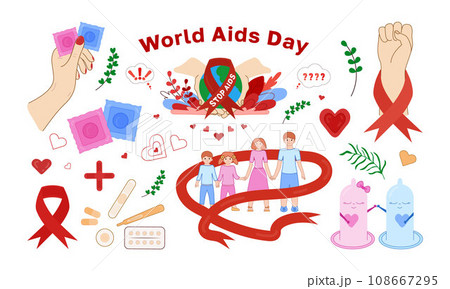Awareness World AIDS and HIV day set vector elements. Red ribbon, contraception, hearts, medicines. 108667295