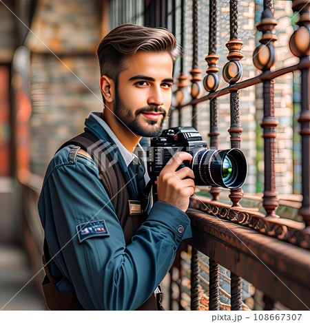 A dark-skinned male photographer with a beard in prison.  108667307