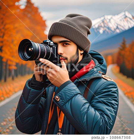 A dark-skinned male photographer with a beard in a hat and a winter jacket. 108667308